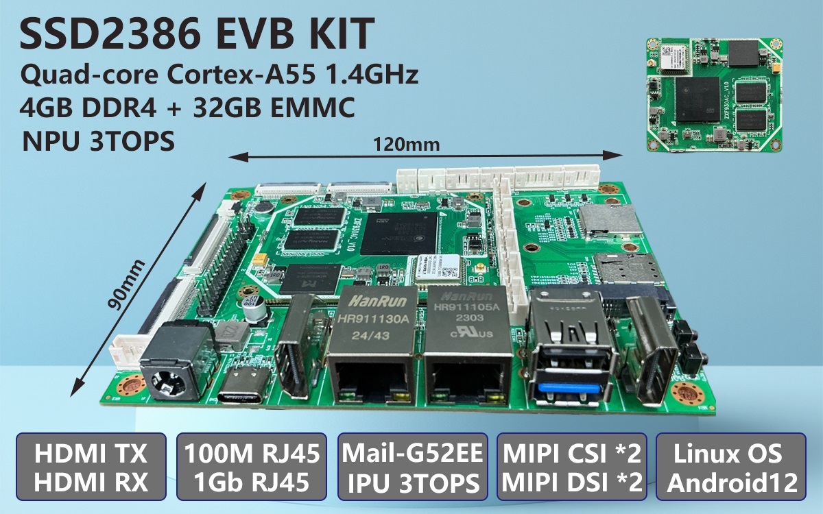 SSD2386開發(fā)板套件|4核Cortex-A55，3TOPS IPU算力，HDMI-Rx高清輸入與音視頻編解碼，支持Android系統，加速AI演算與多媒體終端開發(fā)